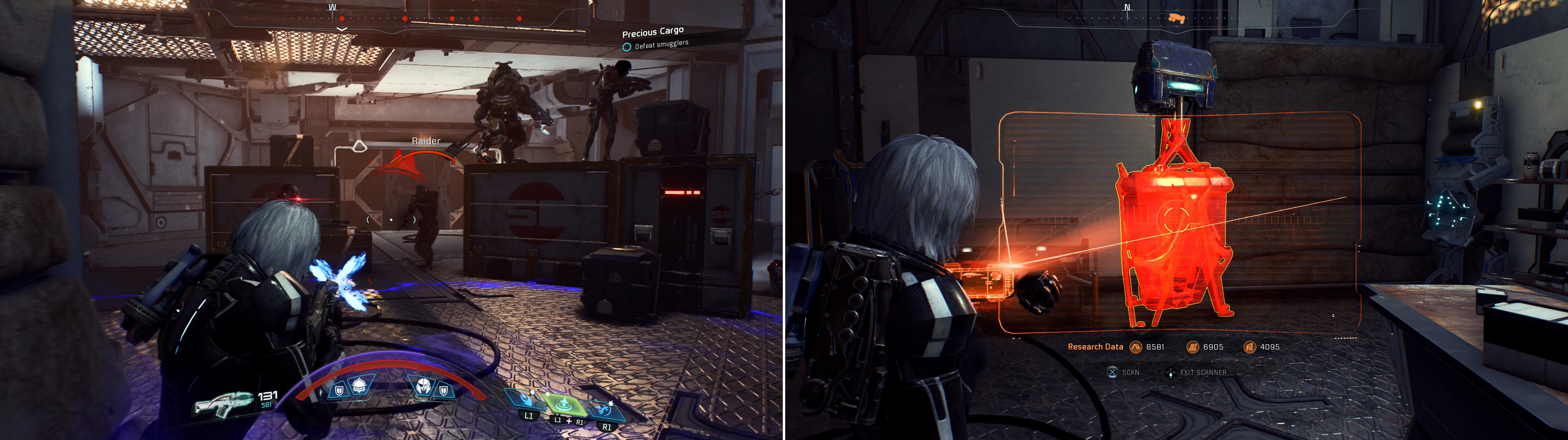 Defeat Zia and her fellow conspirators (left) and scan an Angaran Integrated Tech Node device while Reyes cleans up (right).