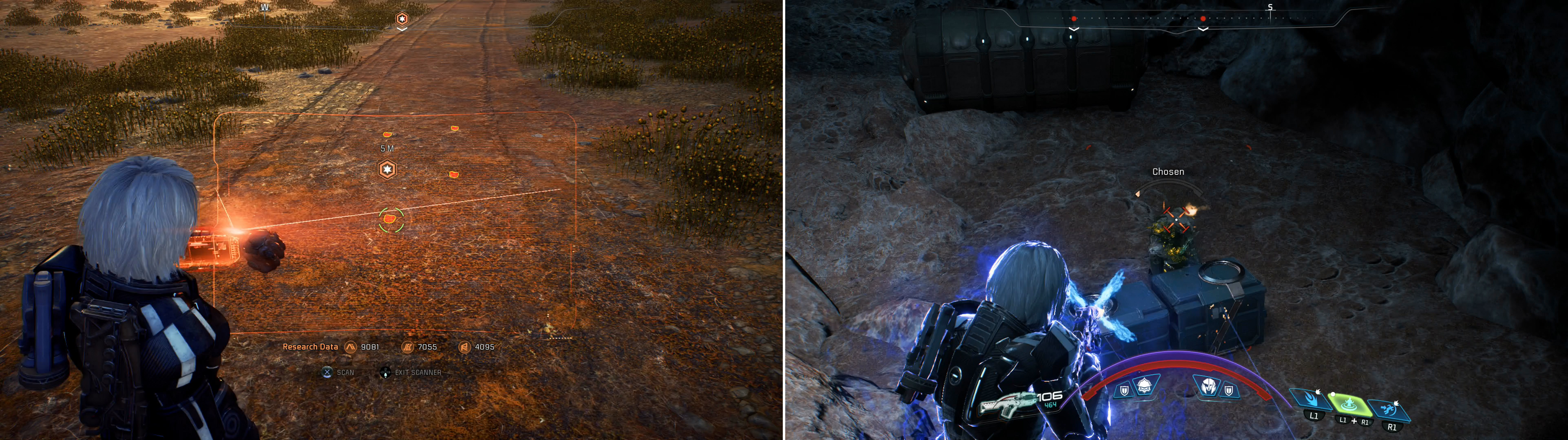 Scan and follow a series of tracks (left) to find a cave, inside which Kett dwell (right).