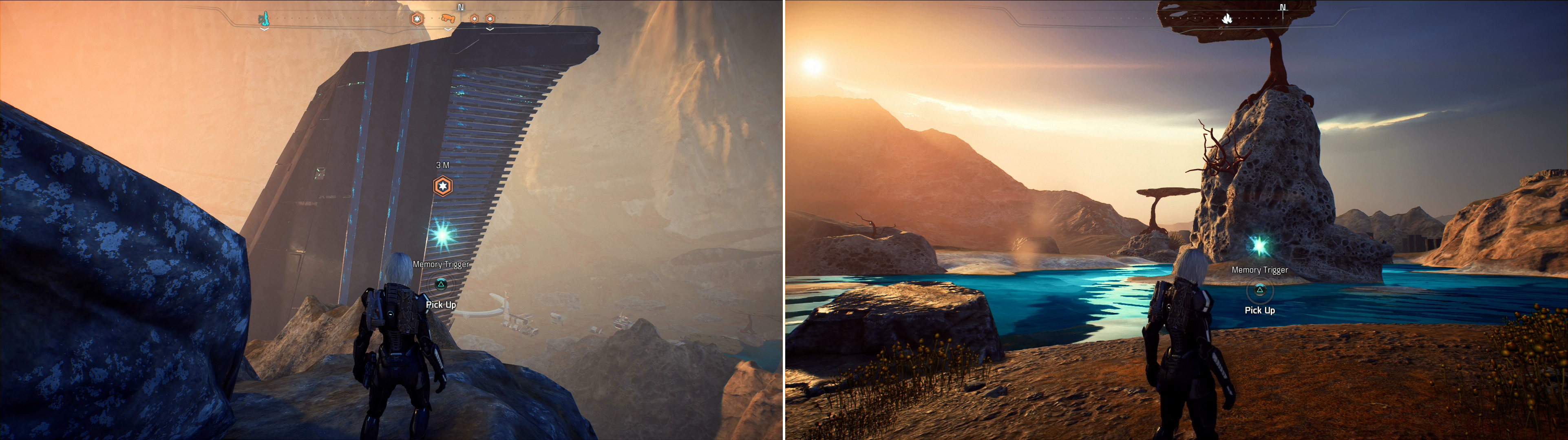 Find one Memory Trigger near a monolith (left) while another can be found on the southern shore of the lake in Kurinths Valley (right).