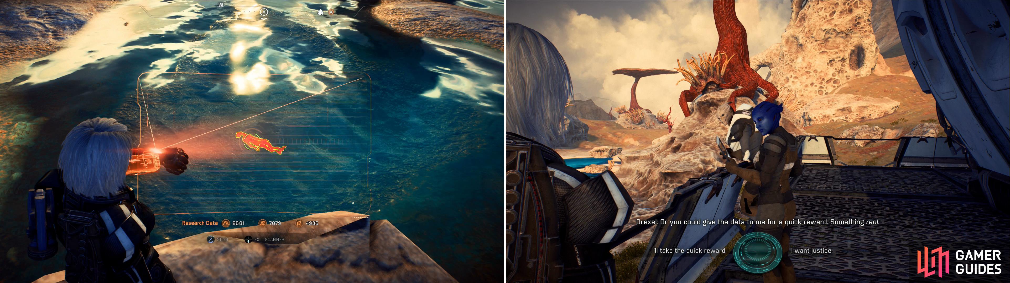 Around Kadara you'll find various bodies of water, which are being used as convenient dumping grounds for… bodies. Ironic. (left) Scan these bodies and return to Saneris and Drexel and choose between their offers (right).
