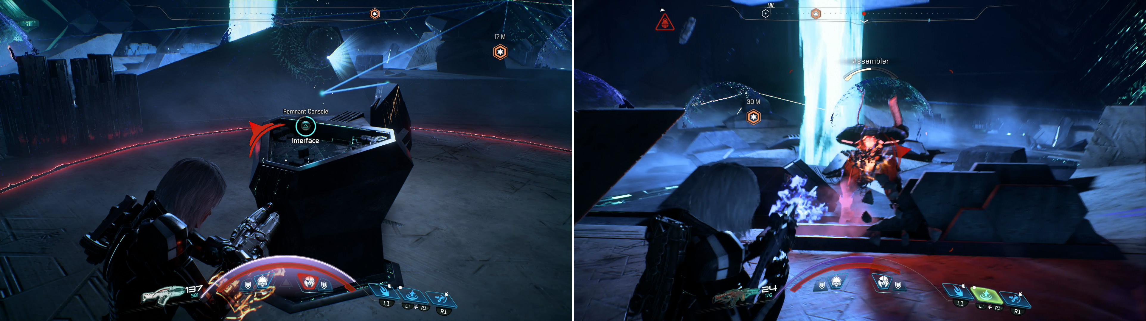Endure the punishment and activate the Remnant Consoles in the vault core (left) and dispatch Remnant every time you activate a console (right).