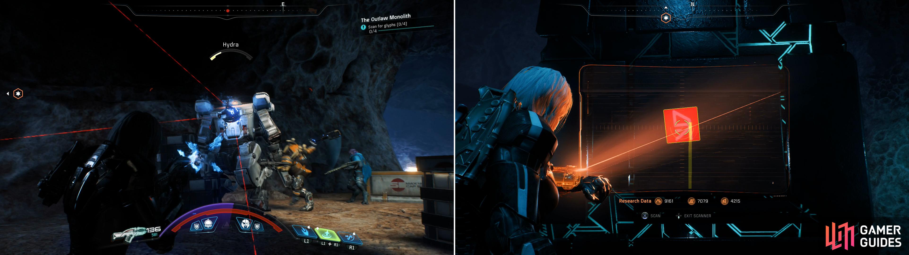 Defeat the Raiders in the cave, including their Hydra mech (left) then scan the glyphs to activate the southern monolith (right).