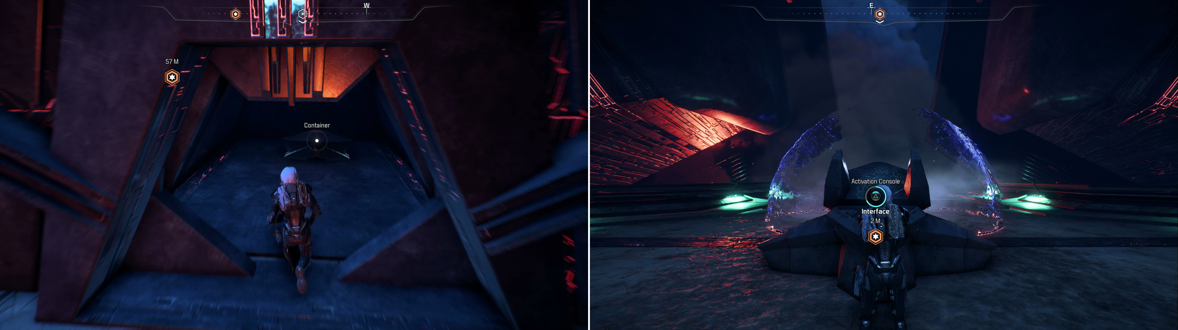 Loot the container behind the barrier-sealed room (left) then activate the console in the Gravity Well chamber to escape the purification field (right).