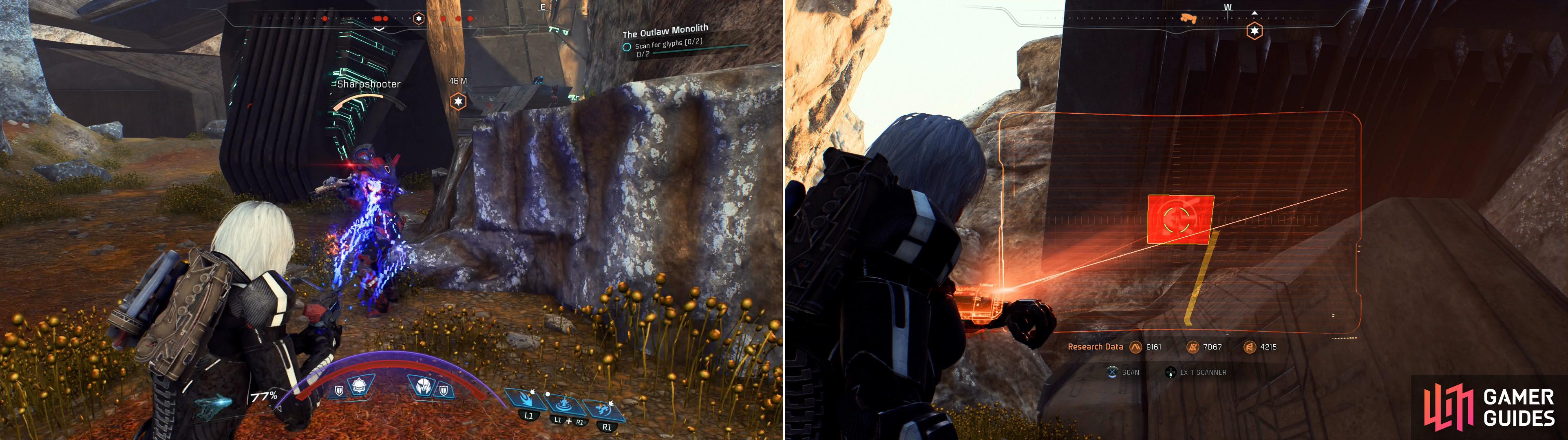 Kill the outlaws near the western monolith (left) then scan the glyphs to activate the monolith (right).
