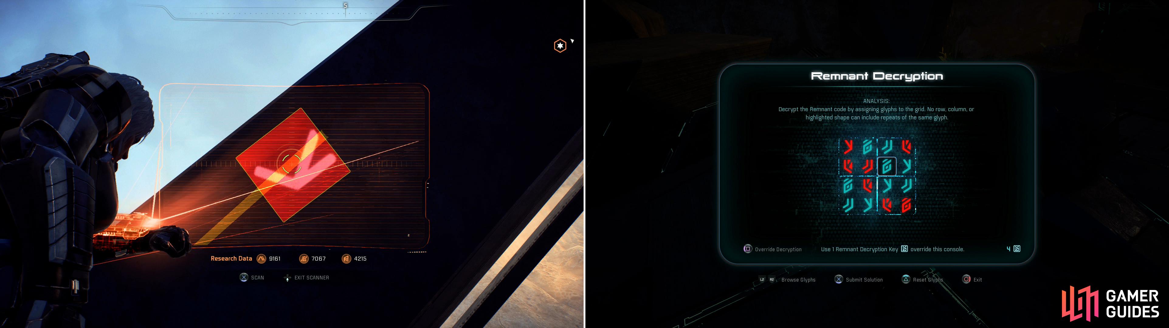 Scan the glyphs near the eastern monolith (left) then solve the Remnant puzzle (right).