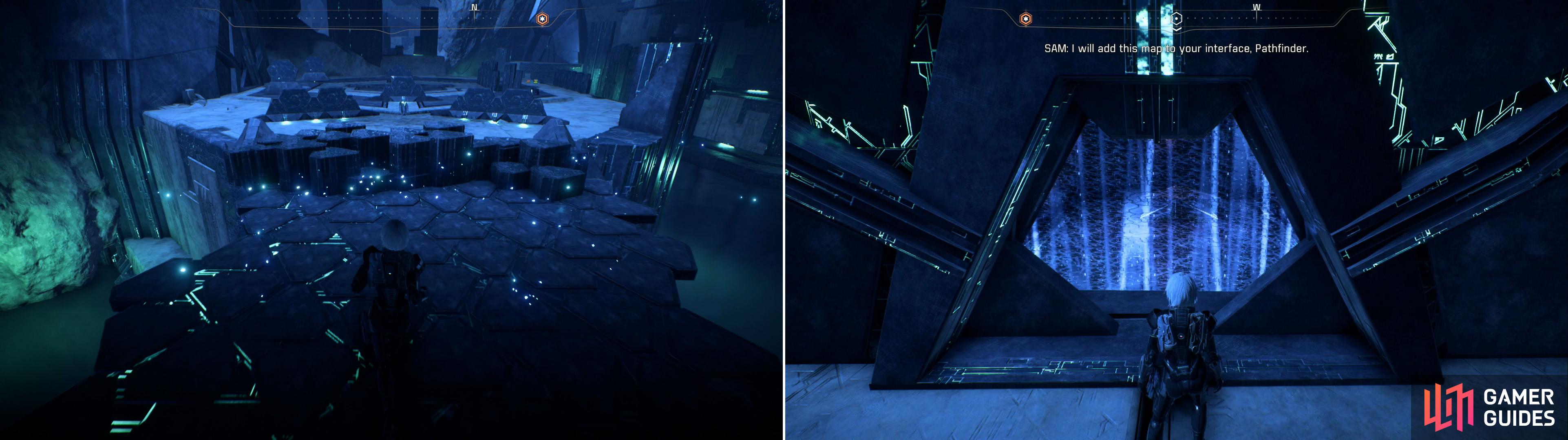 Dont activate the Remnant Console at the entrance to the vault proper, which will allow you to cross a Remnant bridge (left). Note the chamber behind the energy barrier, which is worth planning to return to as you flee the vault (right).