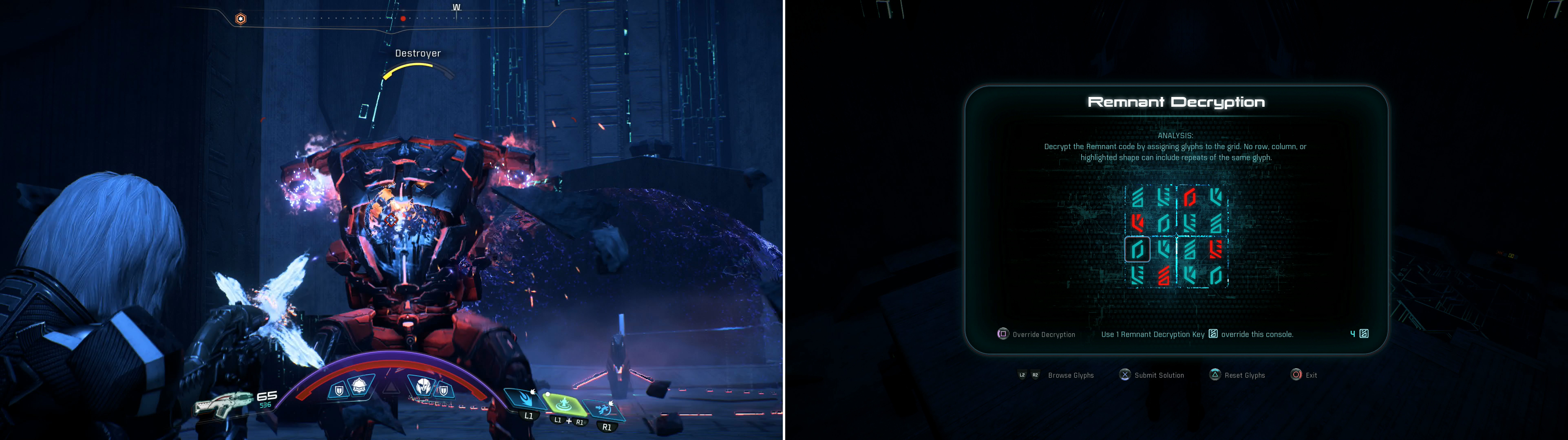 Kill the Destroyer (left) then solve a Remnant puzzle to gain a permanent bonus to your skill points (right).