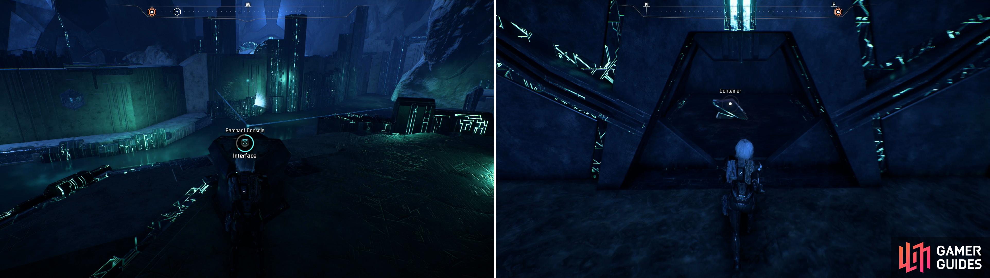 Activate another Remnant Console to provide you a way back across the ferrofluid moat (left) then loot the treasure chamber you opened earlier (right).