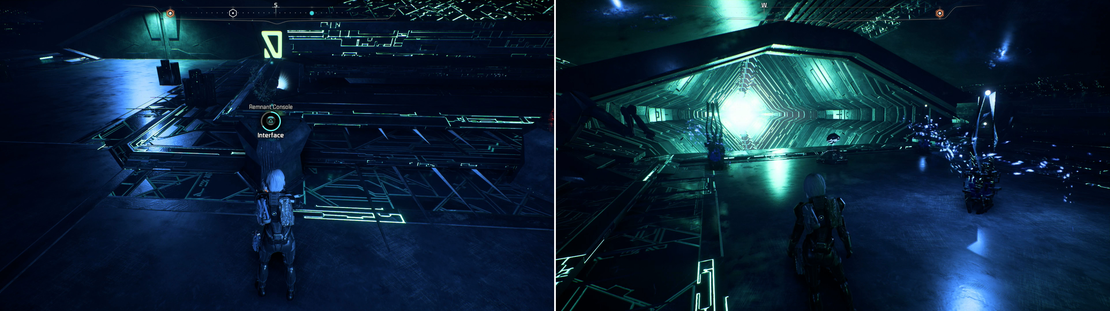 Activate some nearby consoles with symbols corresponding to the symbols on the door in order of left to right (left), then open the door to find a lucrative treasure chamber beyond (right).