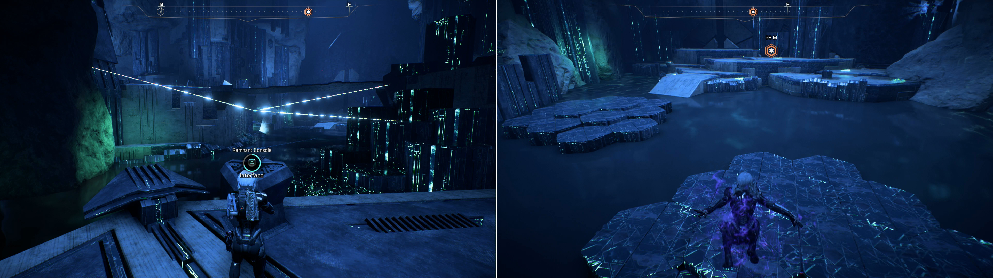 Return to the beginning of the vault and activate the previously ignored Remnant Console (left) then leap across the lily pad platforms deployed by aforementioned console (right).
