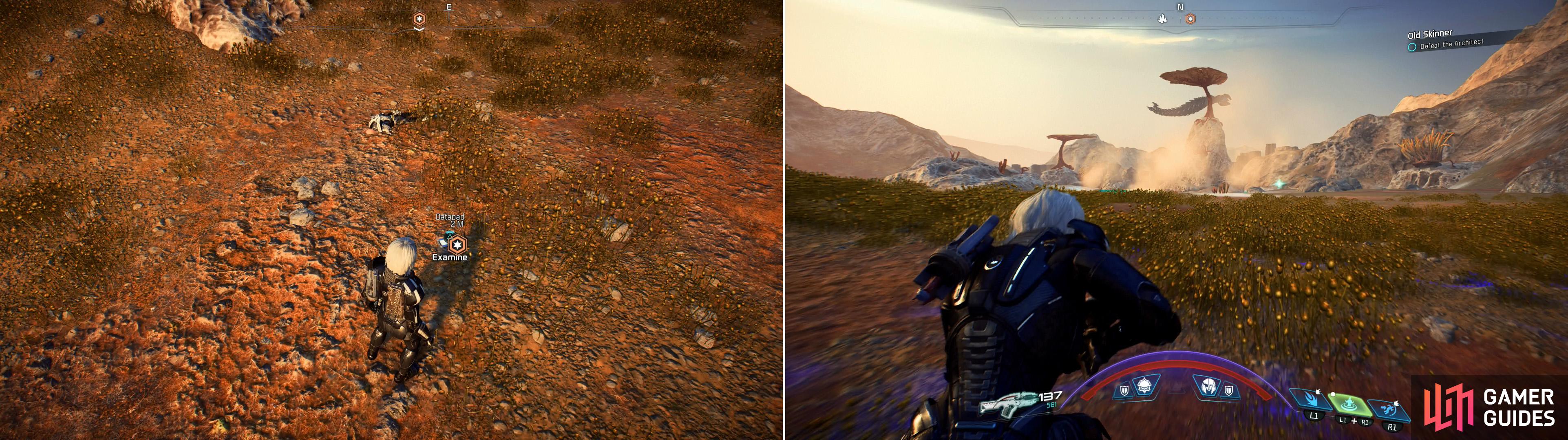 Read a datapad to find out what happened to Bishop (left) then make your way north to the lake in Kurinths Valley, over which Old Skinner flies (right).