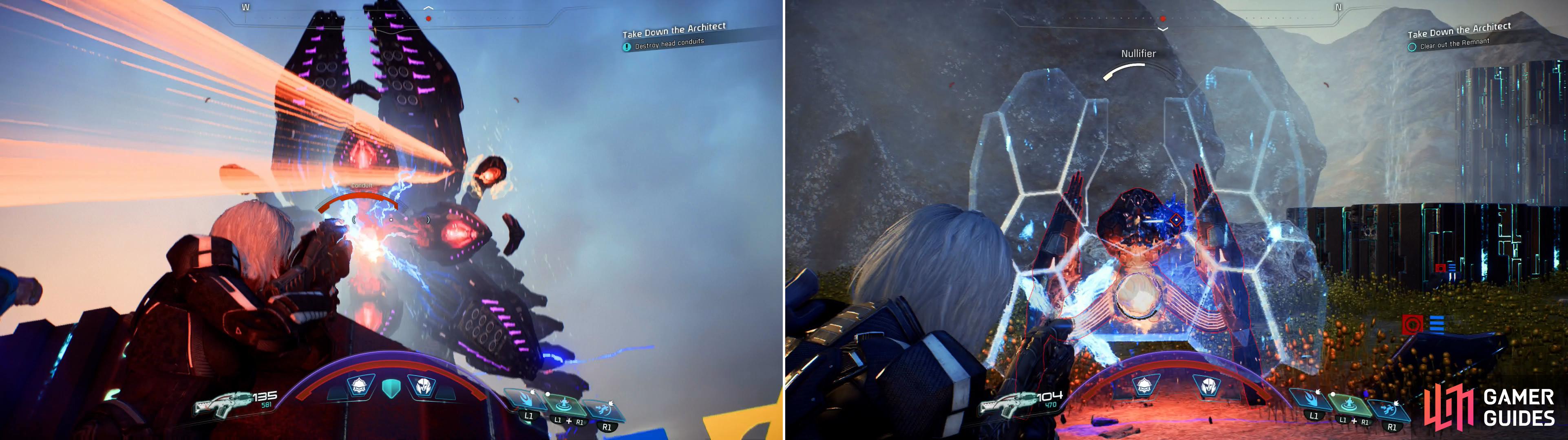 Stick in cover when the Architect fires its rapid laser attack (left) and dispatch the Remnant it periodically summons (right).