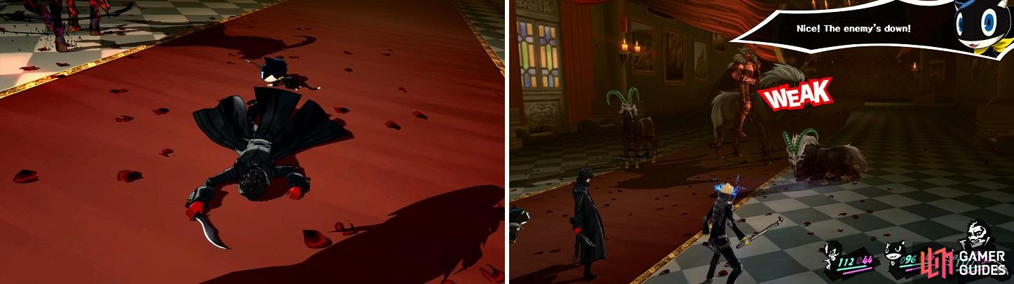 The first battle against the Two-horned Beasts can’t be won (left). With Ryuji’s help, you can exploit their weakness (right).