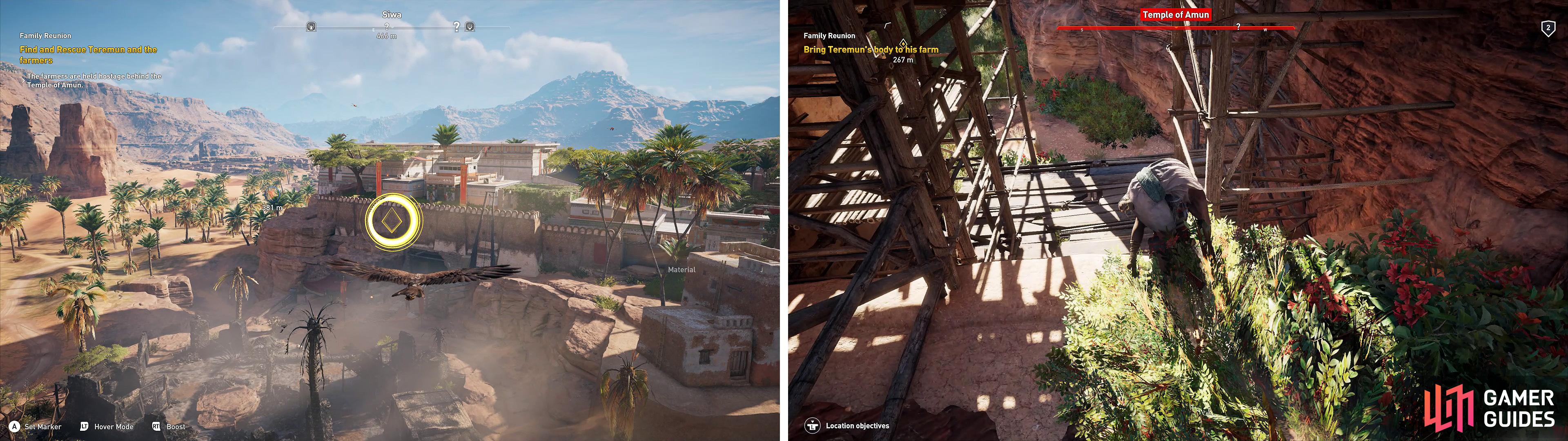 Senu can spot your mission targets by zoning in on them (left). When you find Tenemun, carry him away from the camp (right).