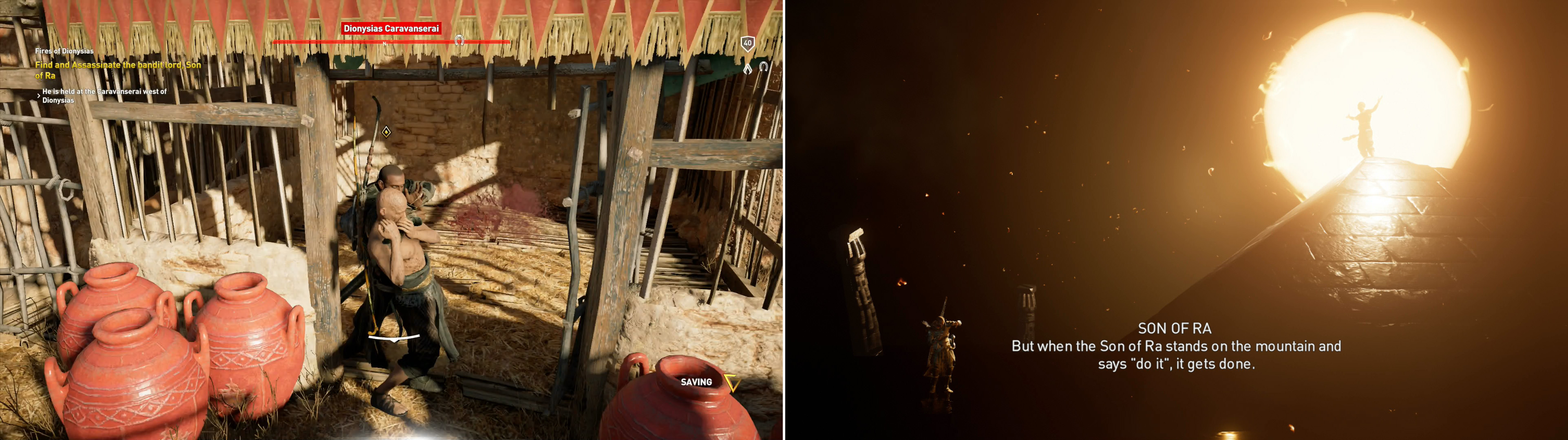 Kill the Son of Ra (left) then witness a scene where Bayek’s actions are compared to those of the man he just killed (right).