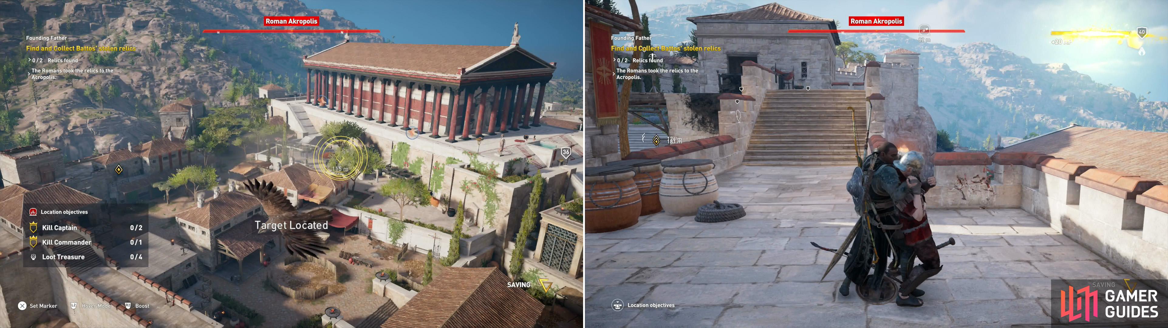Use Senu to spot the relic thieves (left) then run about the walls of the akropolis, picking off Romans as you go (right).