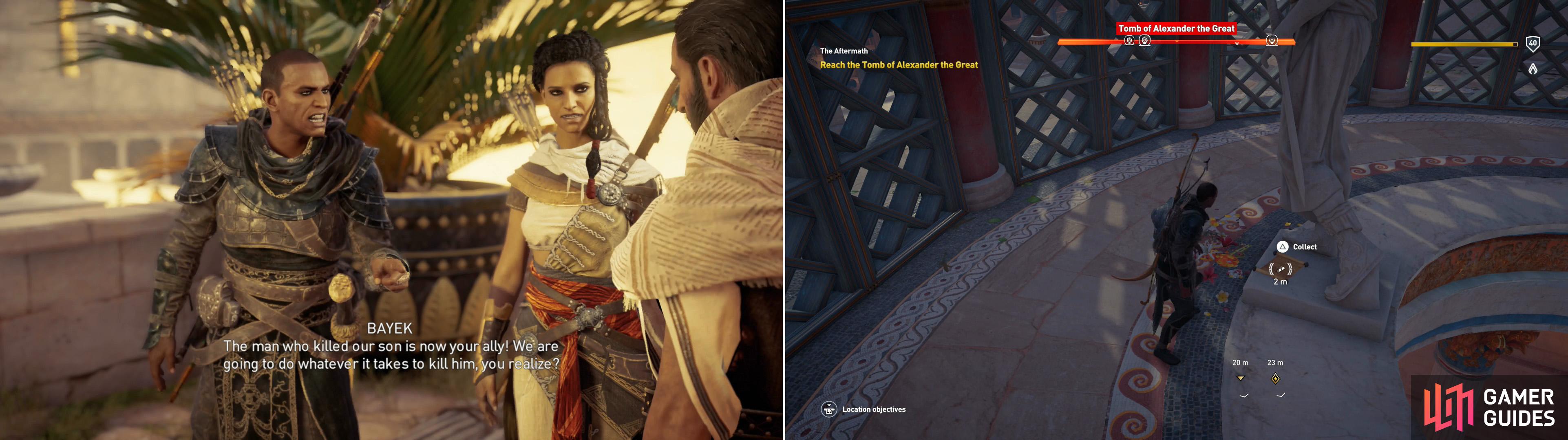 After being snubbed by Cleopatra, Aya and Bayek will vent their frustration on Apollodorus (left). Grab the “Ray of Hope” Papyrus Puzzle scroll from the Tomb of Alexander (right).