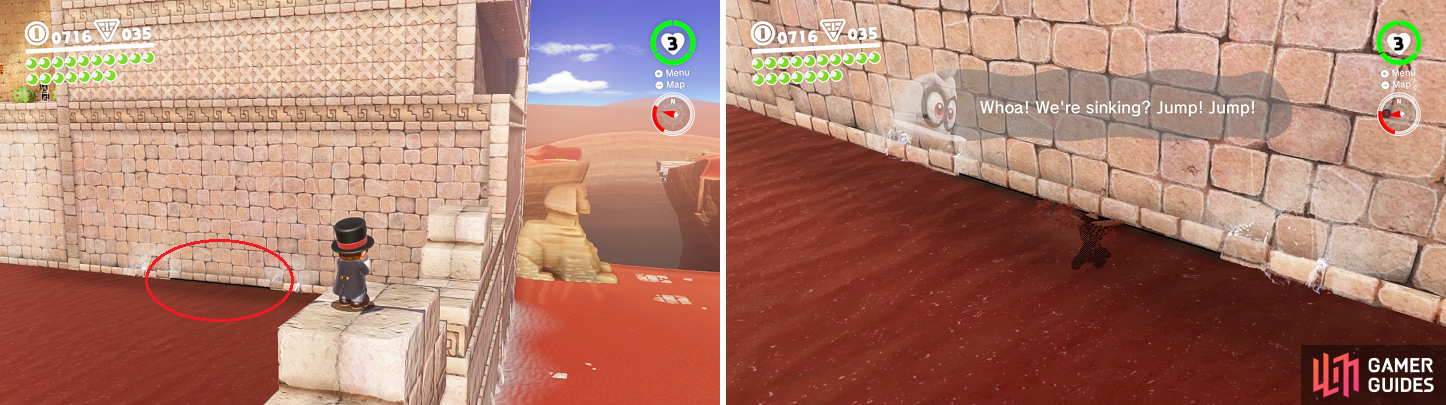 It might not be too obvious, but you can head underneath the wall (left) to reach a secret area with another Power Moon.