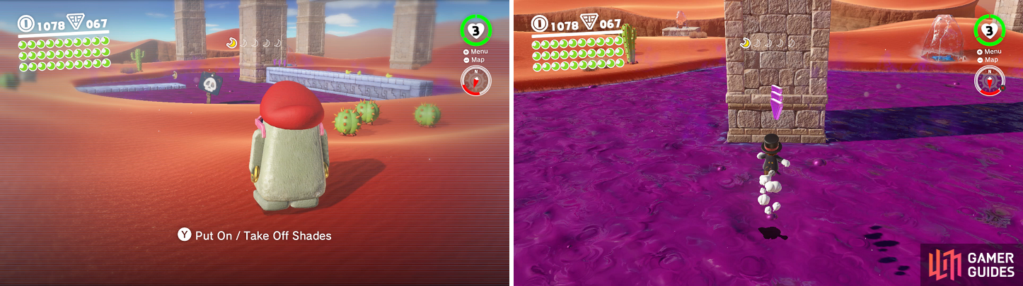 The Moe-Eye's ability to see hidden pathways (left) will make it easier to collect purple coins and moons on the island (right).