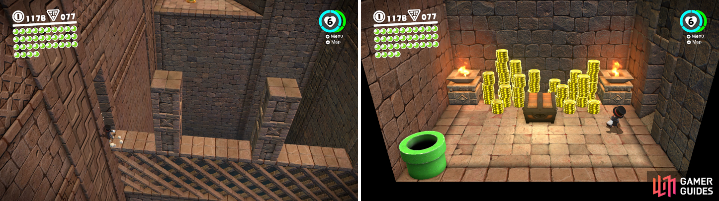 The conveyor with the pillars (left) is hiding a secret room with a multitude of treasures (right).
