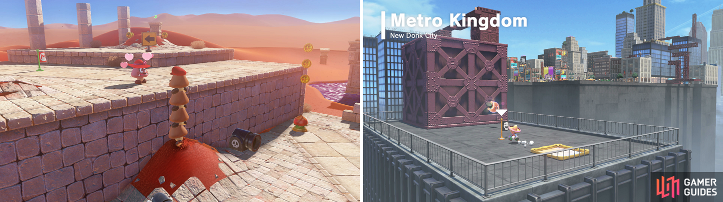 The female Goomba wants some male attention (left). Paintings will take you to an isolated area of another kingdom, where you can grab a moon (right).