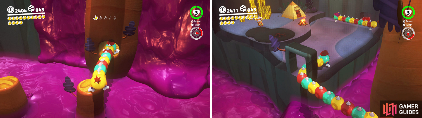There is a Moon Shard hidden inside a tree (left). Youll need a Wiggler to reach the hidden area with Captain Toad (right).