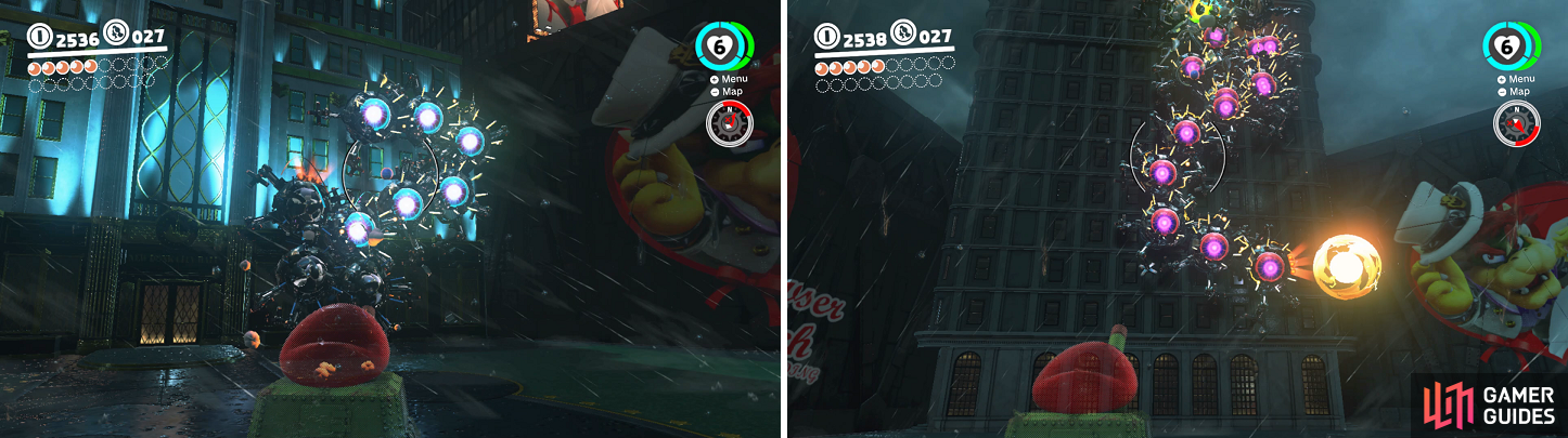 You have to hit all of the balls on the back to be able to deal damage (left). Be on the lookout for Mechwiggler's projectiles (right).