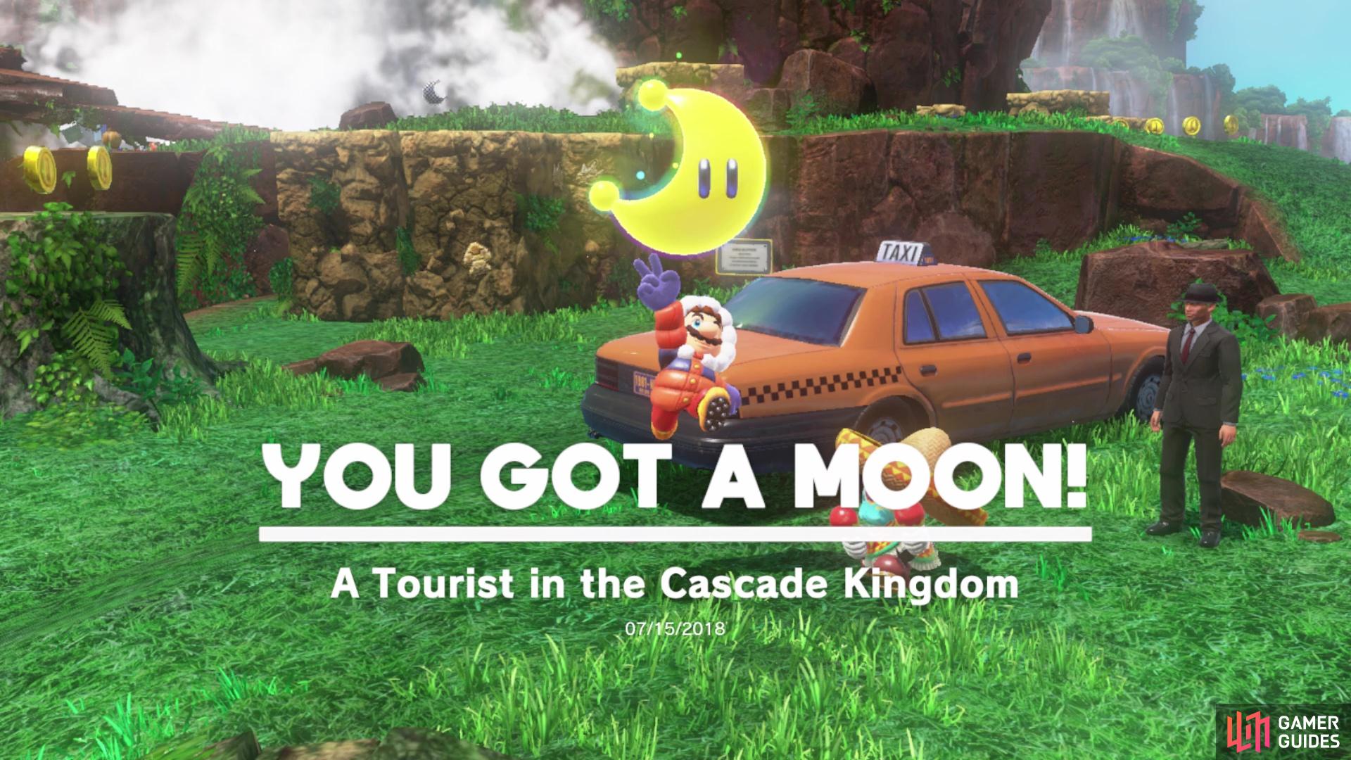 Speak with the tourist in Cascade Kingdom when you go through the painting to get a moon