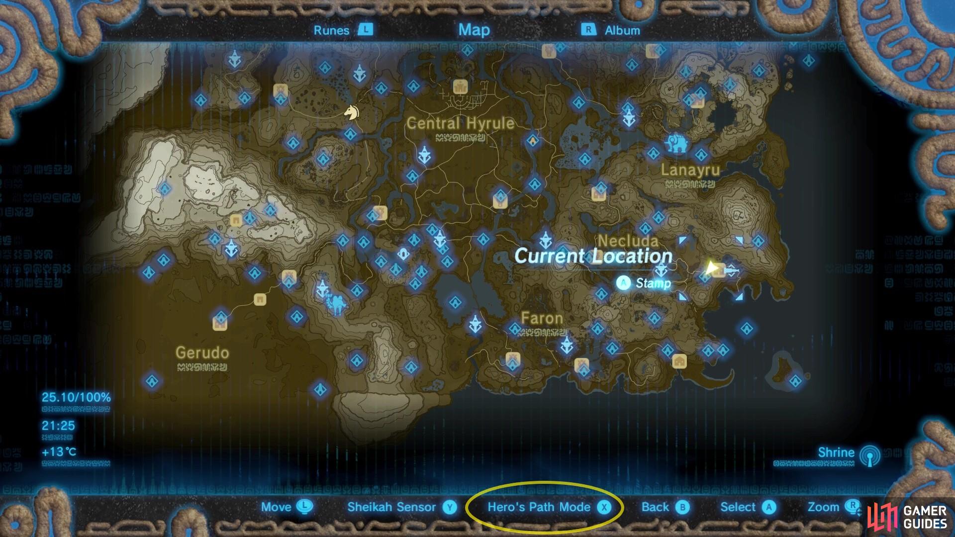 When you open your map, you’ll find an option for the Hero’s Path Mode.
