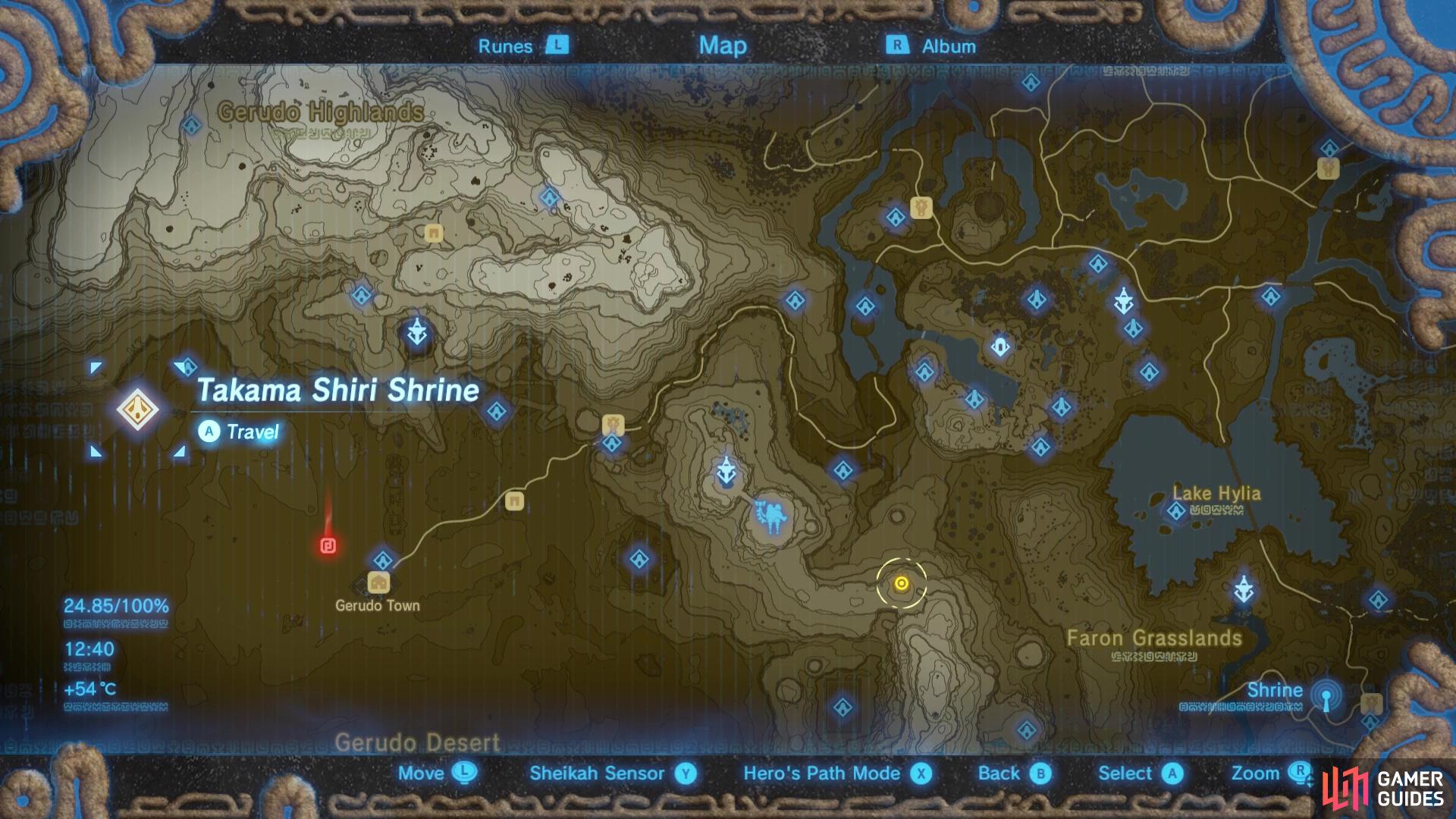 Once you’ve completed the trial, you’ll find Takama Shiri Shrine northwest of Gerudo Town. The red marker is indicative of where the first ring is found.