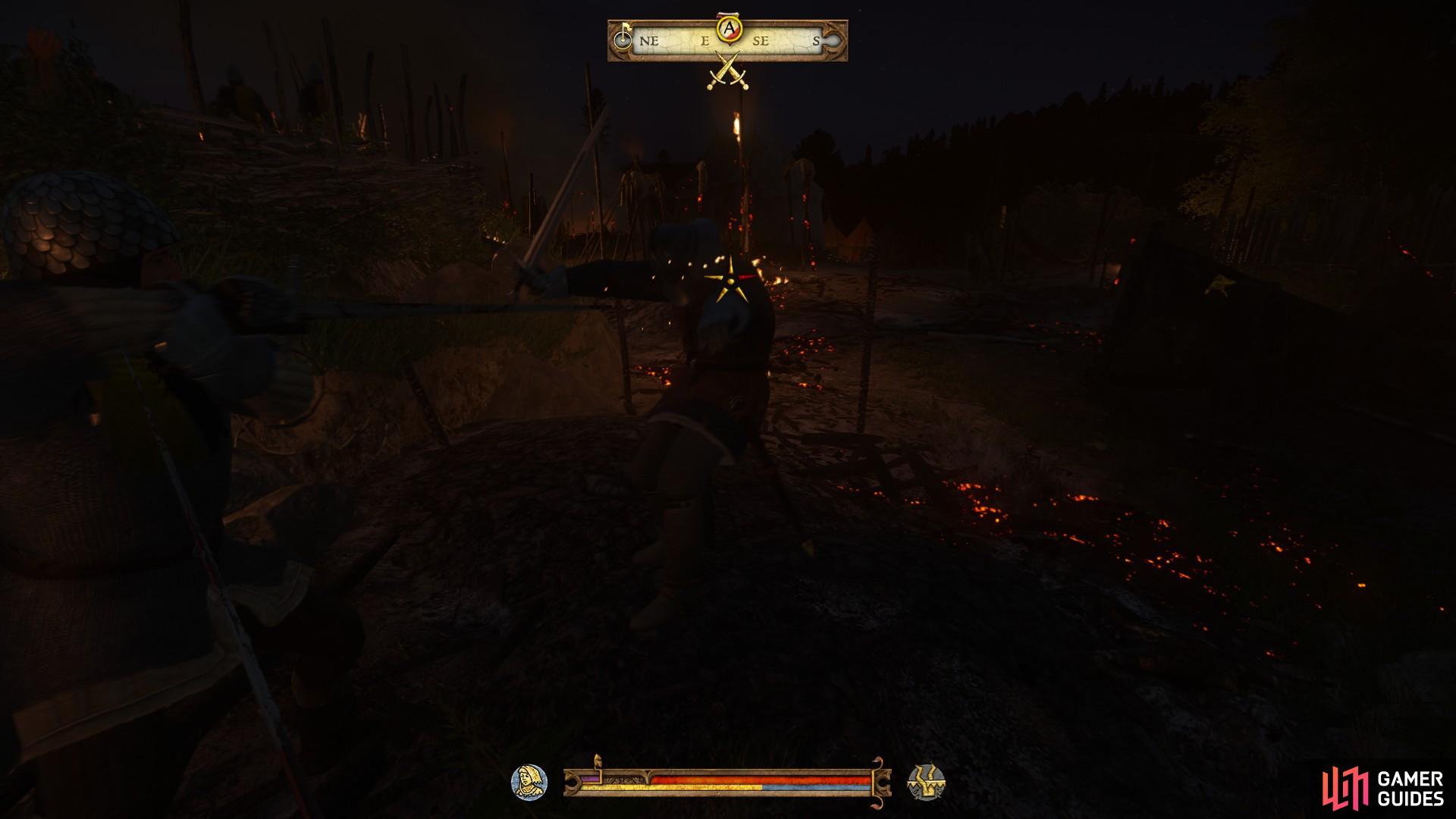 Fight the bandits that are waiting to ambush from the burning tents to the east until you have secured the location.