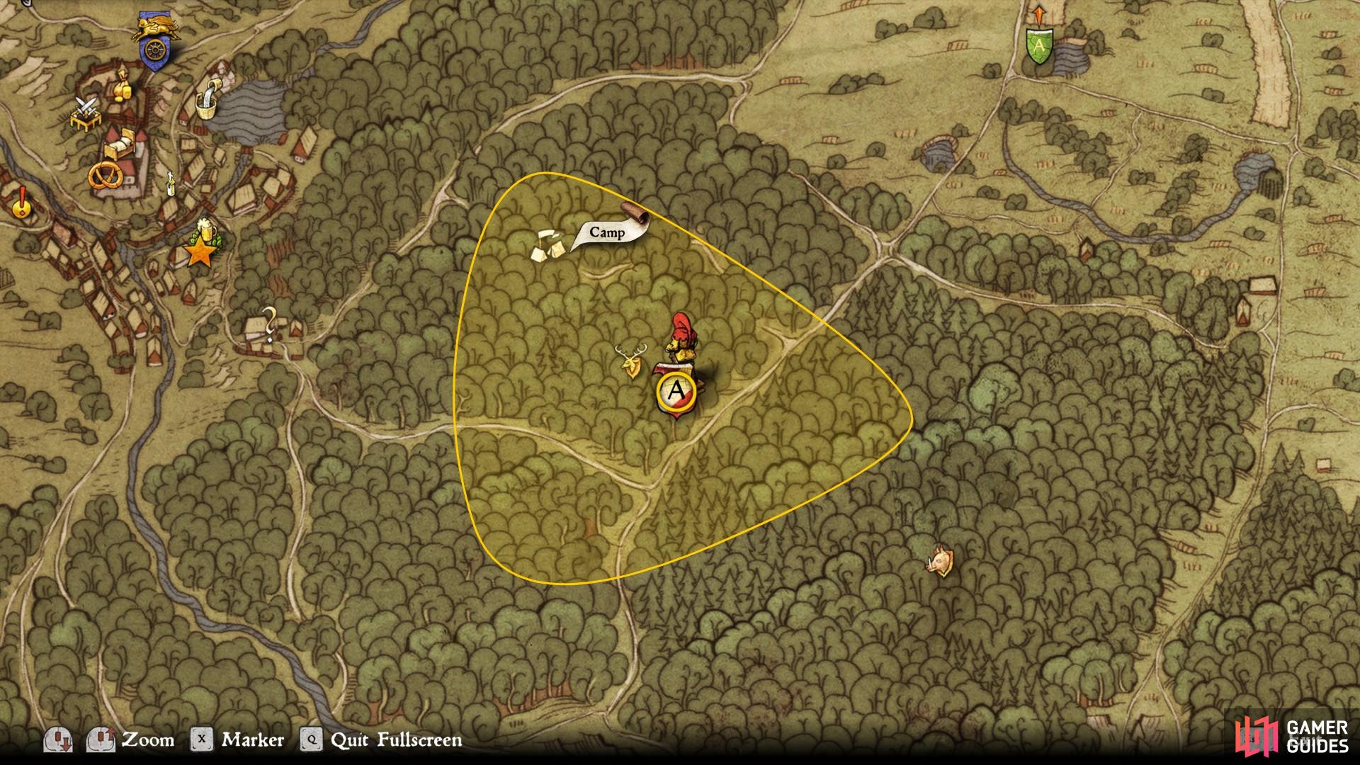 Lord Capon can be found at the camp within the highlighted region on the map.