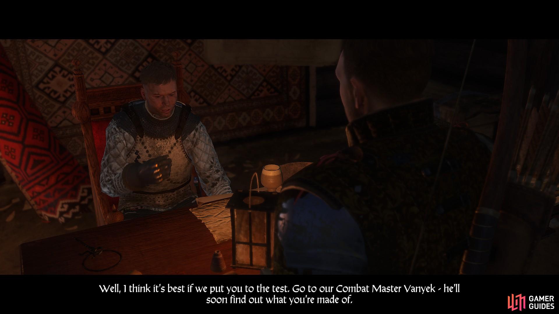 Erik will instruct you to see Combat Master Vanyek who is in the south east of the camp. You may note that you have seen him before.