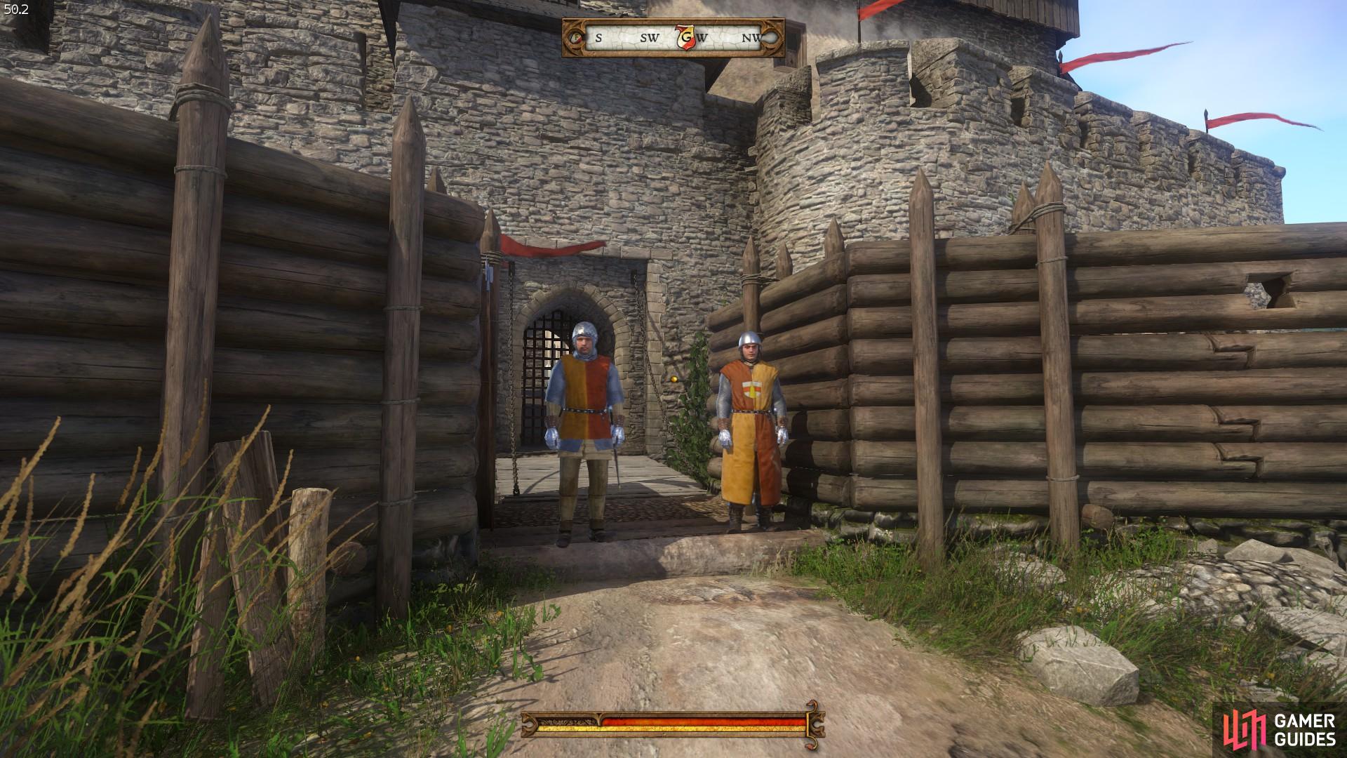 Speak to the guards to pick up the cross-guard for Sir Radzig’s sword.