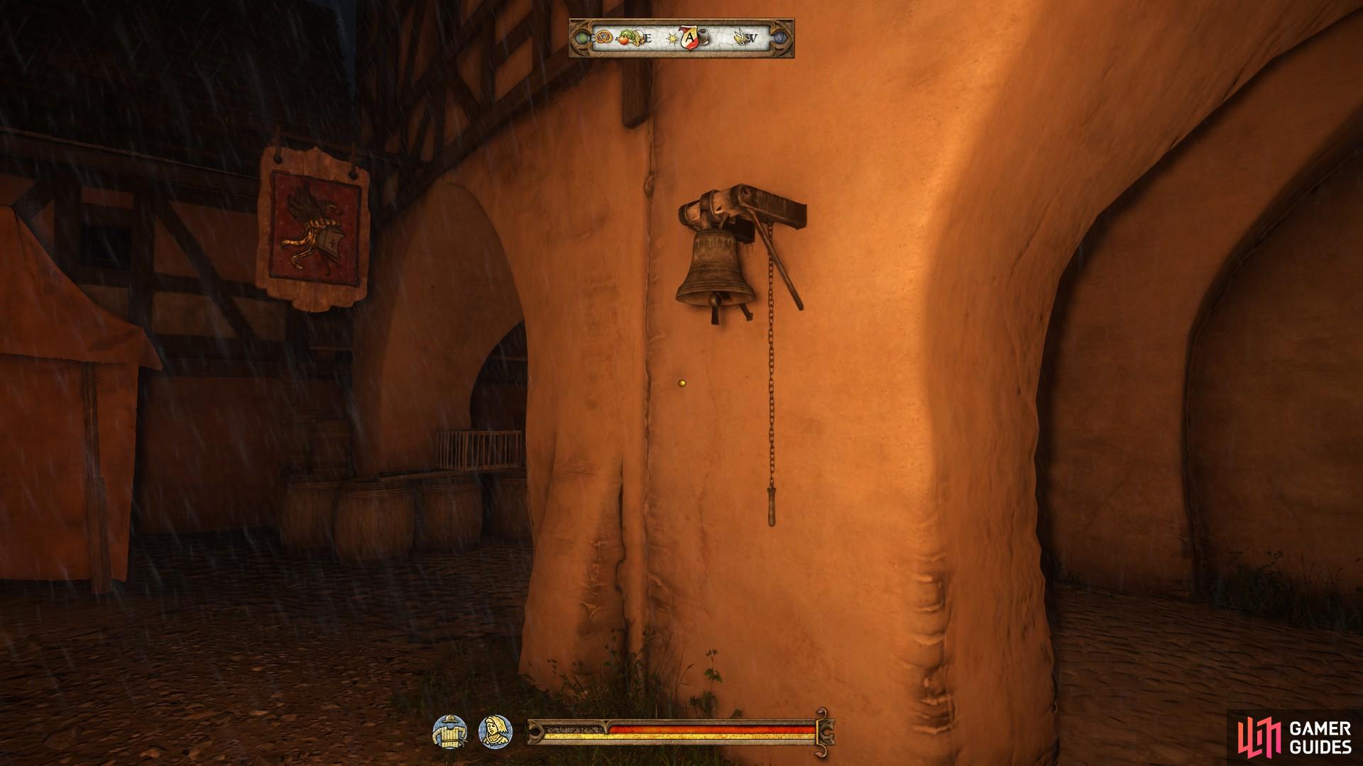 Ring the bell by the Rathaus to signify the ending of the day. It is located on the wall just outside the Armourer shop.