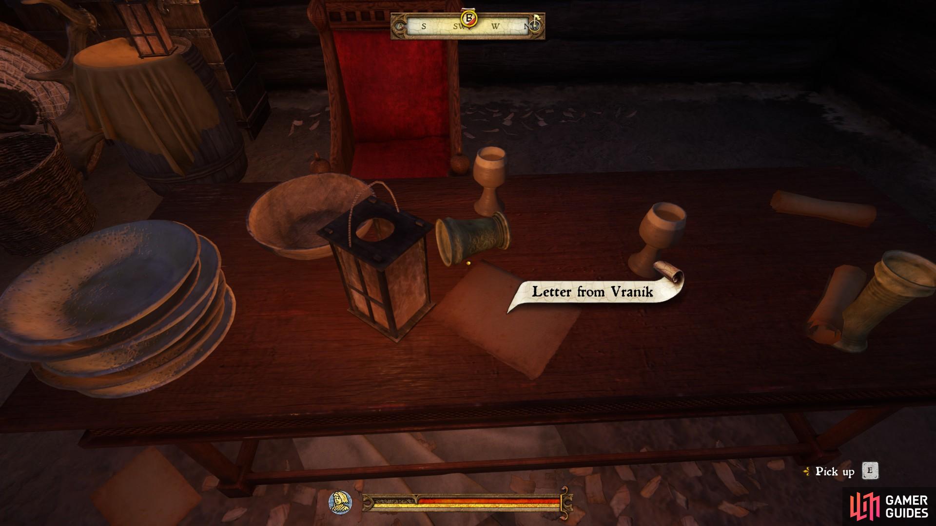 Go to the room where you first met Erik to find a letter on his table. Note that you can get your old equipment from the chest if you failed to do so during your escape.
