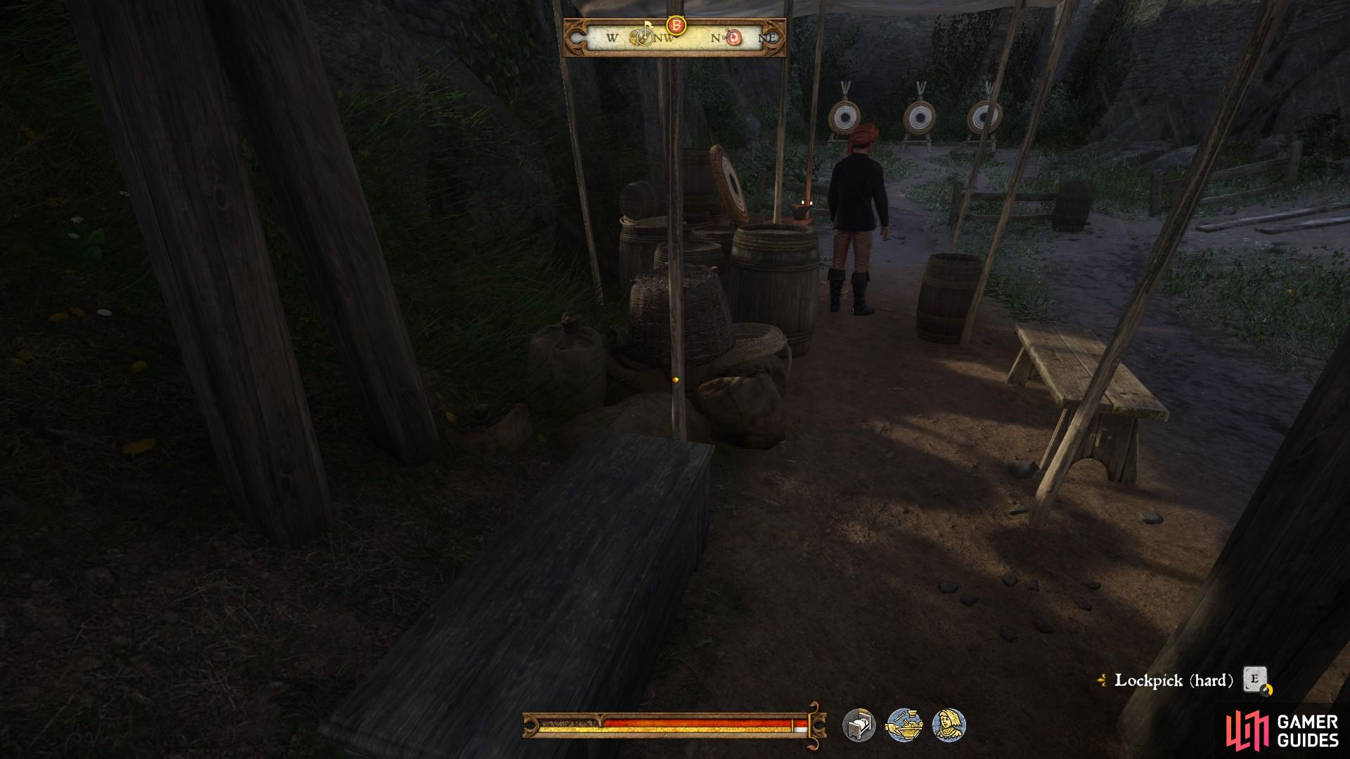 The chest with the wine in it is located directly behind the archery master. Be sure to loot it before the archery contest begins if you want to steal the wine.