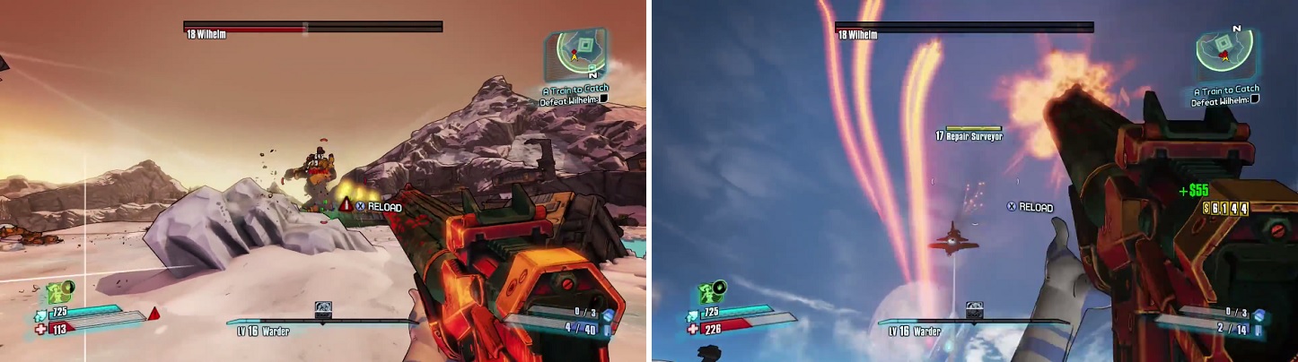 Wilhelm (left) can be a challenging boss as it is, so if you see a Surveyor (right) flying around, make sure you destroy it before it can give him a shield.