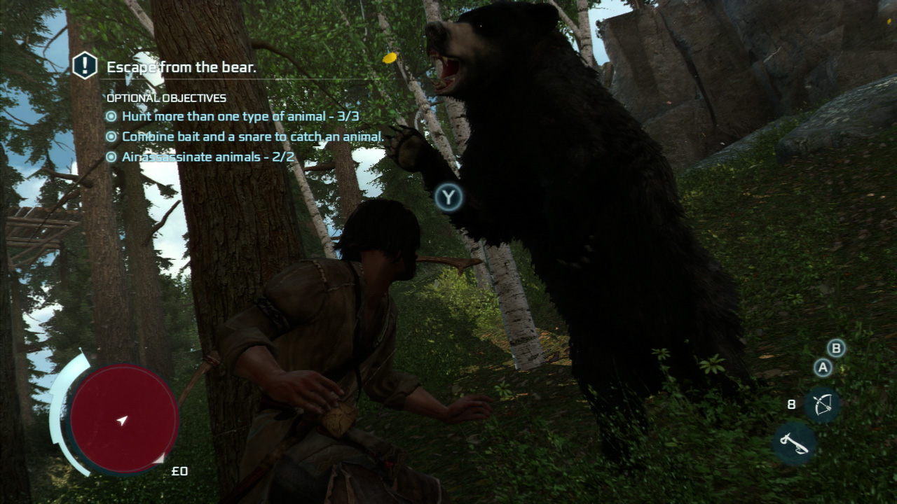 When you regain control, you will be up against a bear. Use the on screen button prompts when required to dodge and then sprint away. You will need to get out of the red circle on the map to lose the bear. Once you are in the clear, return to the village.