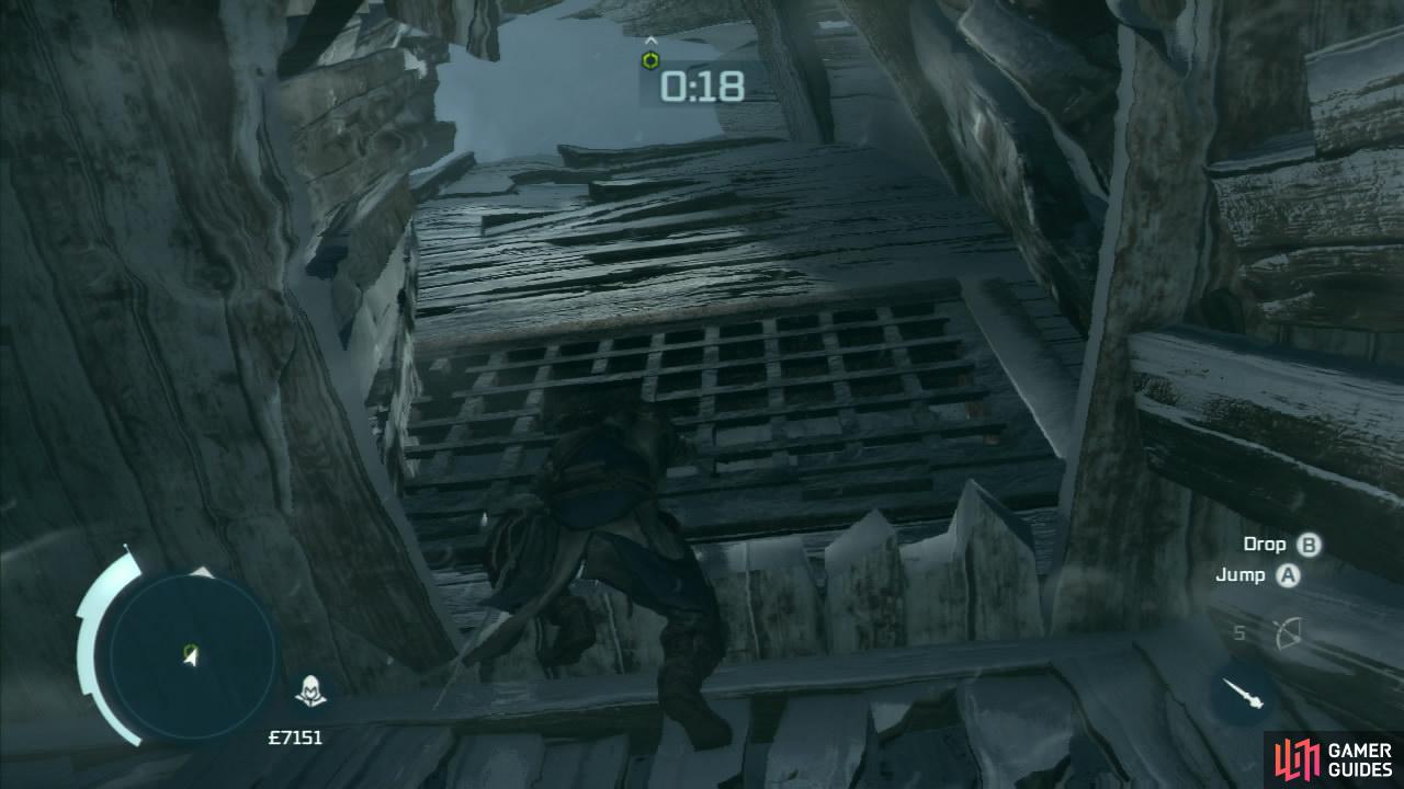 When we regain control, continue straight ahead and around the corner to the left. As you reach the ladder at the end of the corridor, the floor will fall away beneath you.  After connor stands up again, Jump across the gaps in front and climb the wall at the end of the room. At the top, turn around and use the handholds on the roof to make your way over to the far wall. Climb this until you can go no further and then jump backwards to the higher platform.  Again hop over the gap and climb the wall at the far end of the hallway. Shimmy across to the doorframe to the right and then onto the wall on the other side of the door. Climb up and above the door we just entered from and continue up the wall towards the sunlight until a scene plays to complete the mission.
