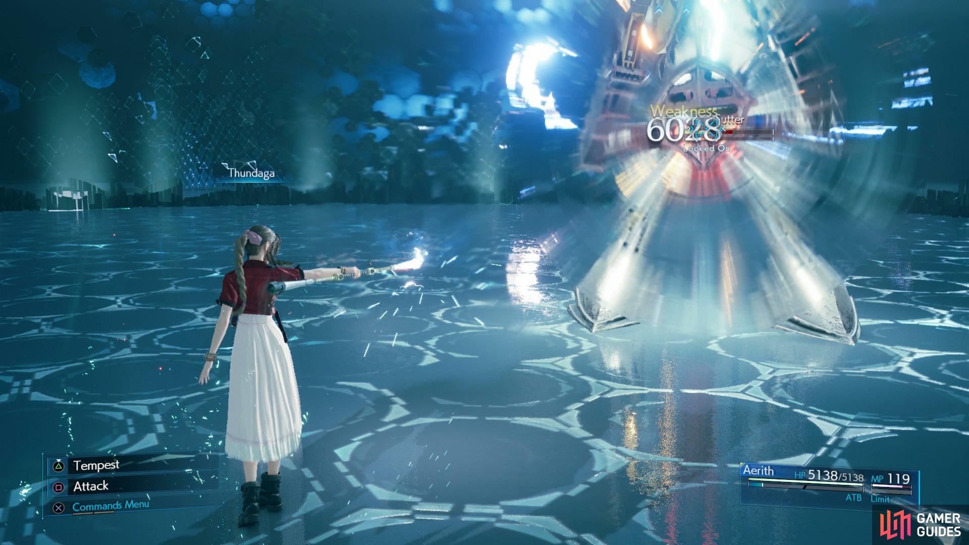 Aerith’s Thunder spells will eat away at Cutter’s HP in no time at all.