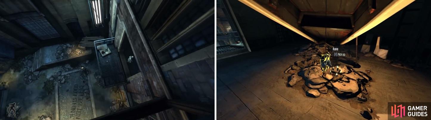Jump down onto this balcony (left) to enter the building and find Granny Rags. She will offer you some side missions and upon completing them, you will receive some Runes (right).