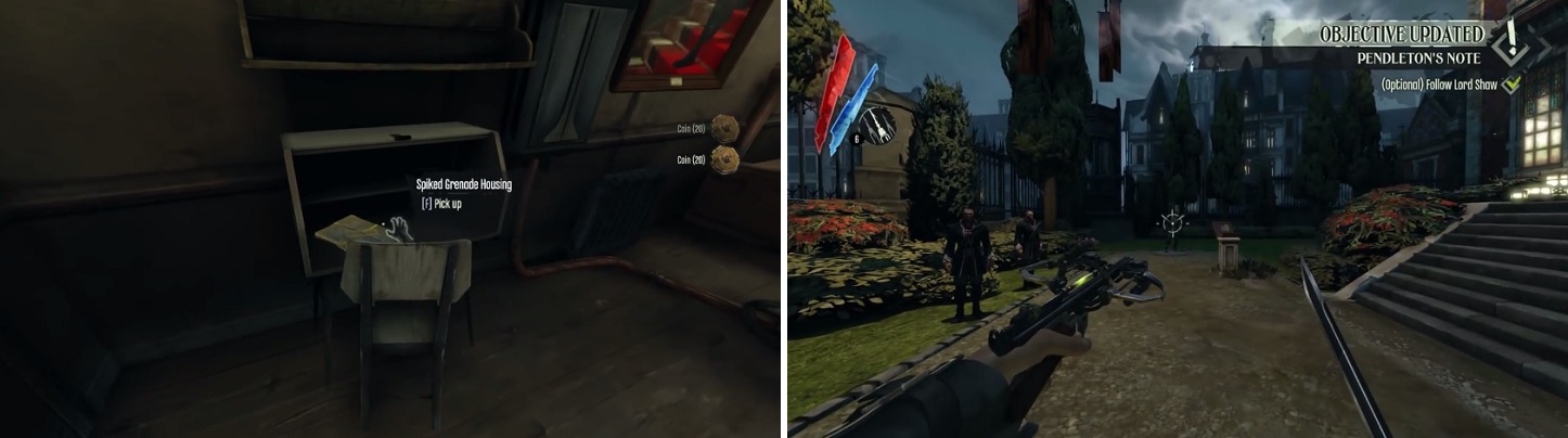 Make sure you grab the blueprint (left) from the guardhouse before heading inside the mansion. If you’re going for the Clean Hands achievement/trophy, remember to equip sleep darts for your crossbow before firing at Lord Shaw (right).