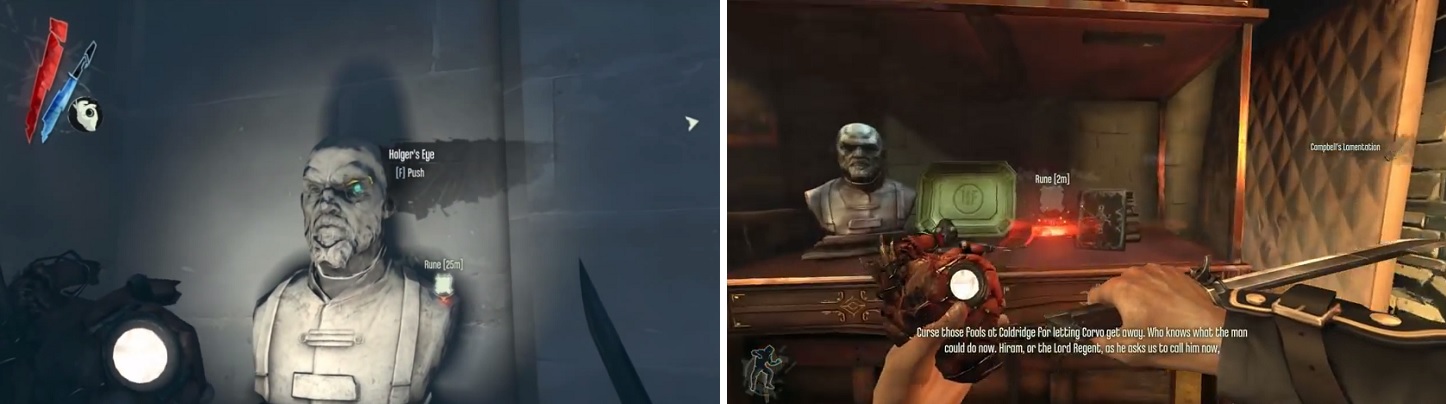 Find the stairs leading down to see a bust on a wall that allows you to access a hidden room (left), where you’ll find the Rune in a glass case (right).
