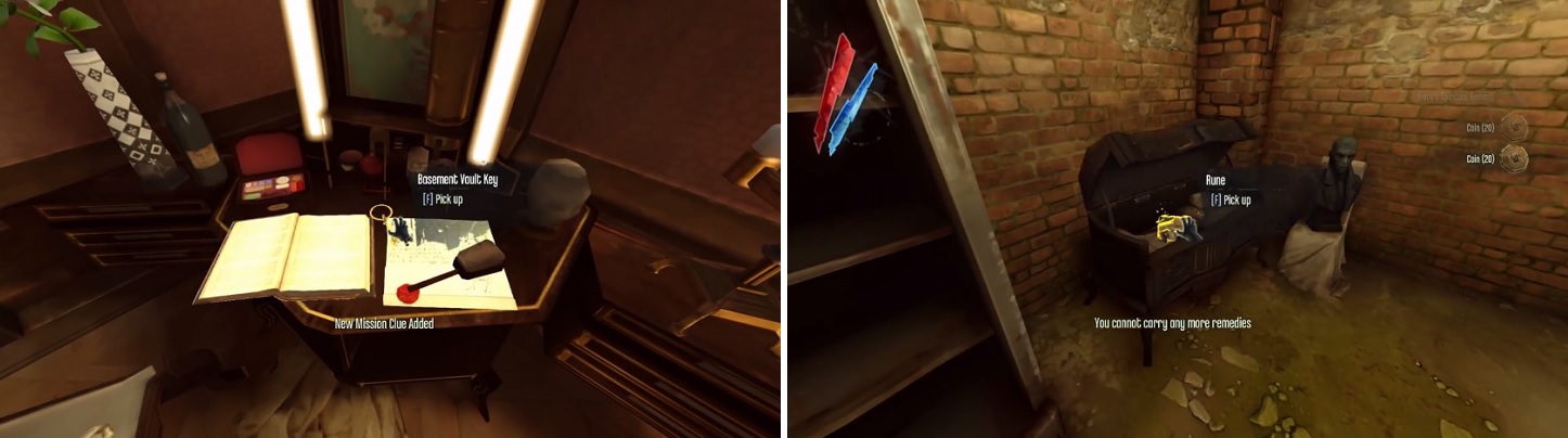 The key to the basement vault is randomly in one of the three Boyles’ bedrooms upstairs (left). Once you have it, the Rune will be in the chest in the room (right).