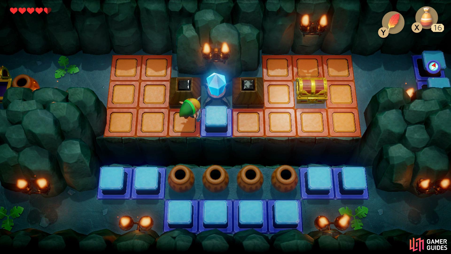 Once youve destroyed the three vases, hit the crystal to get across and then hit it again to open the chest,