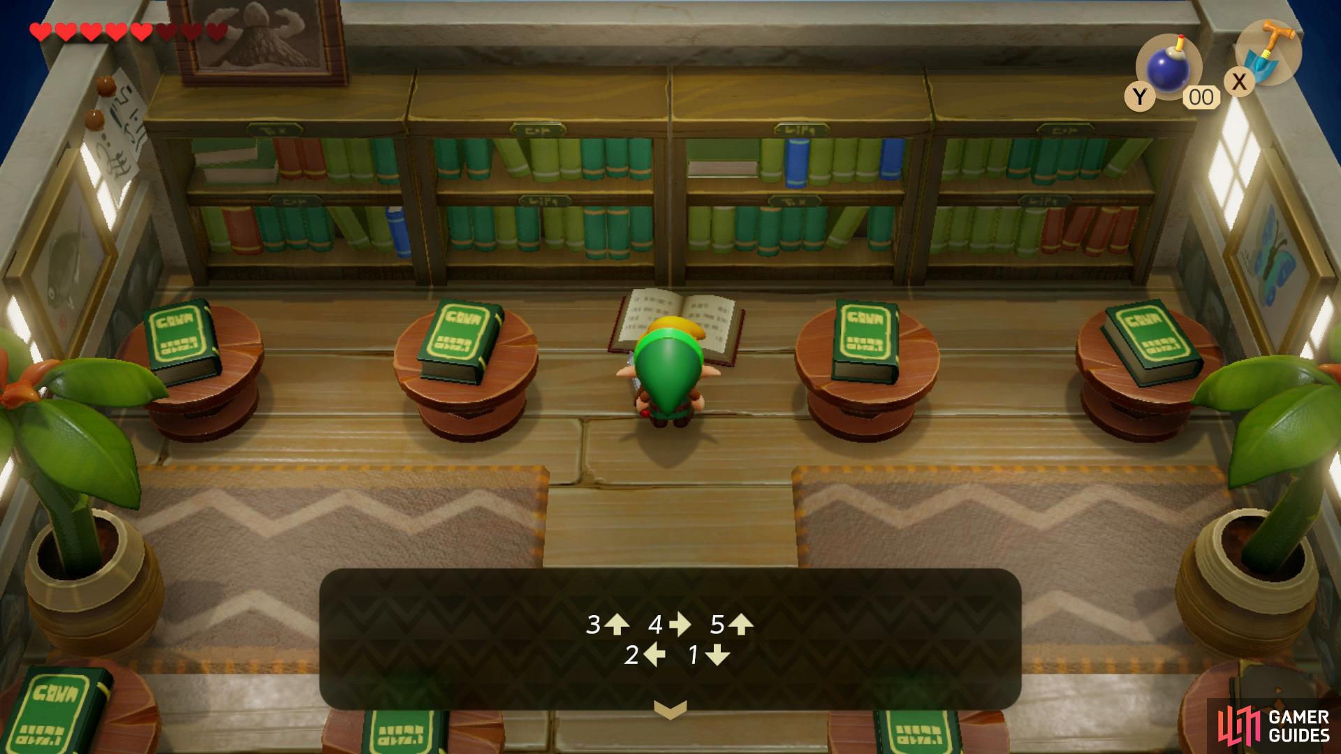 Sprint into the bookshelf to cause a book to fall, inside holds the code to the Color Dungeon.