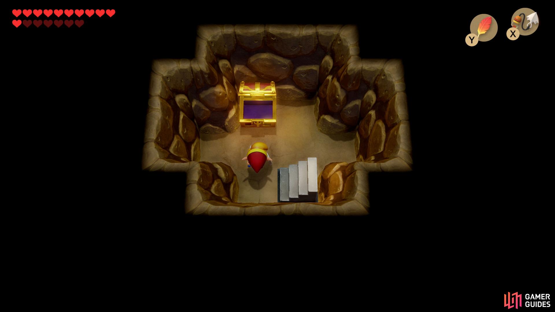and hookshot to the left and go down the stairs to find a Chest with a Secret Seashell inside.