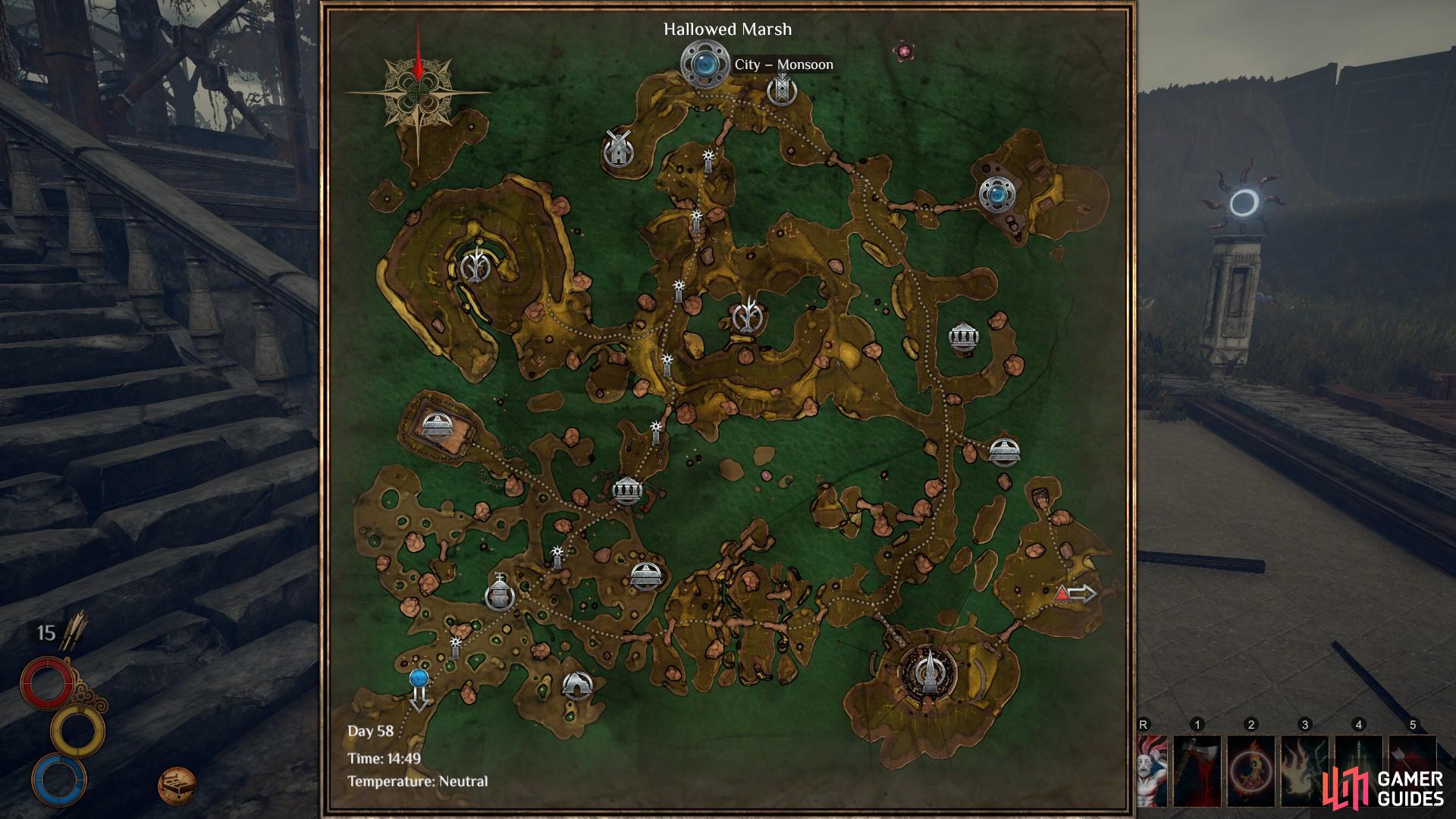 The city of Monsoon as shown on the map of Hallowed Marsh. You can reach the city from the region of Chersonese, marked here by a blue circle in the south west, or from the region of Enmerkar forest, marked here by a red triangle in the south east.
