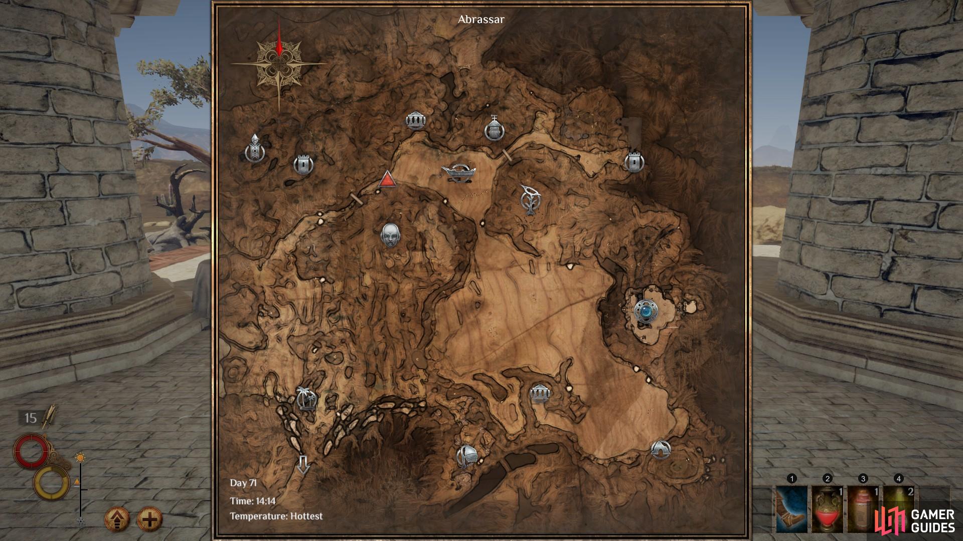 The location of the canyon entrance on the Abrassar map, where you will find Crescent Sharks.